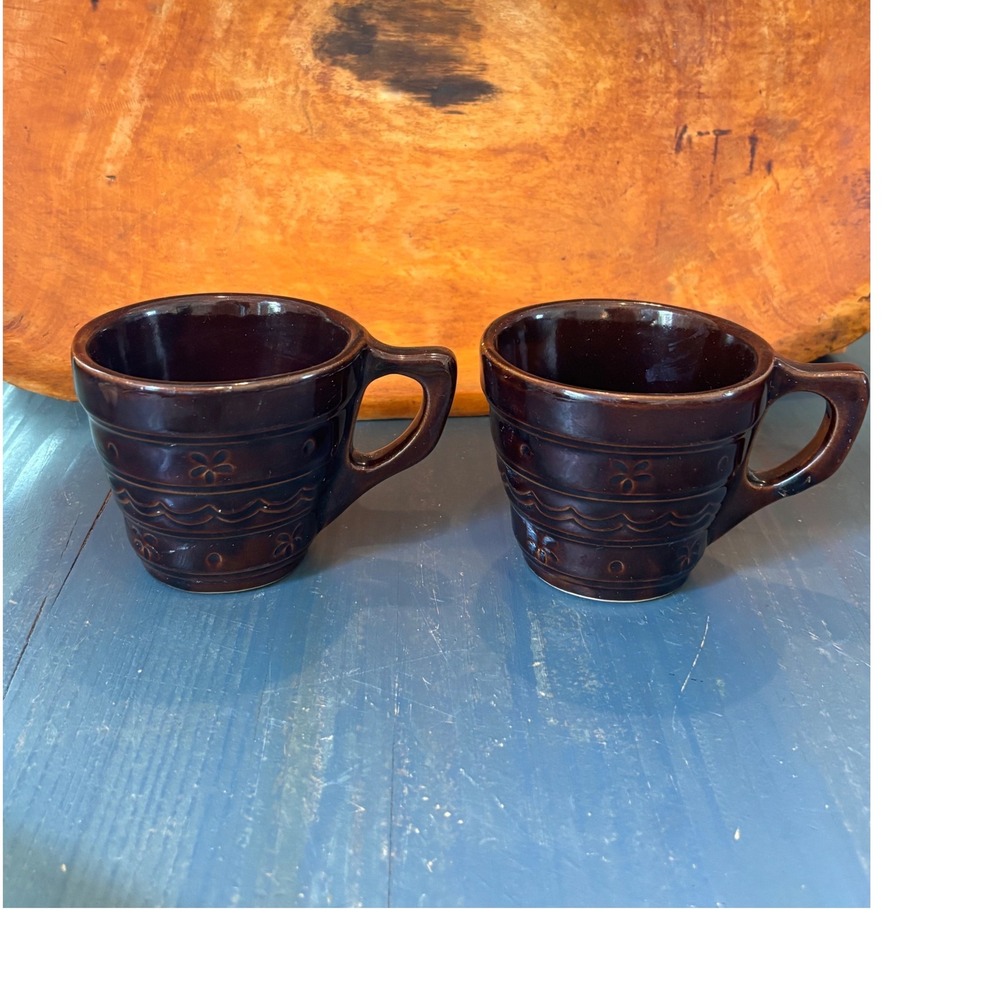 Vintage USA Brown Glazed Stoneware Coffee Mugs Embossed Diner Style Set 2